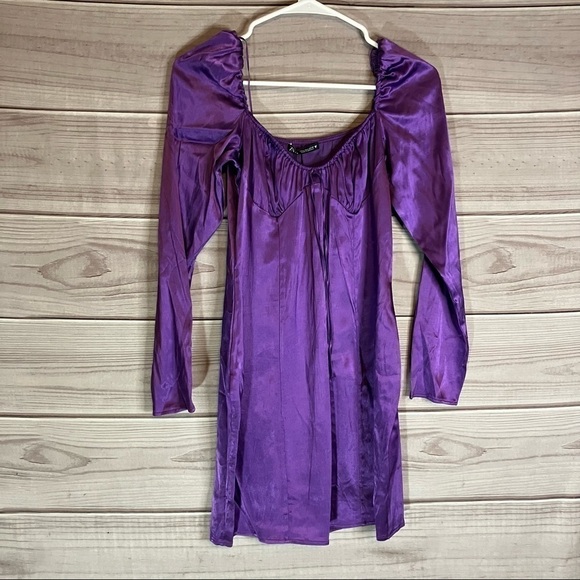Zara Gathered Satin Mini Long Sleeve Mini Dress in Purple - Picture 3 of 14